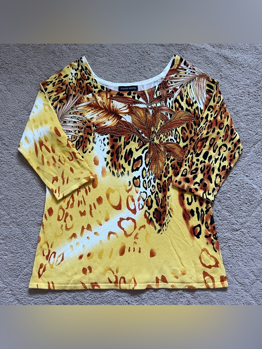 Boston Proper Leopard Print 3/4 Sleeve Top Stretch Old Money Embellished Sz L